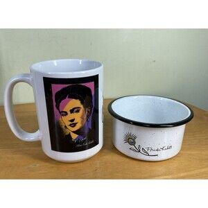 Frida Kahlo Enamel Splatter Metal Camping Bowl & Ceramic Coffee Mugs Mexico